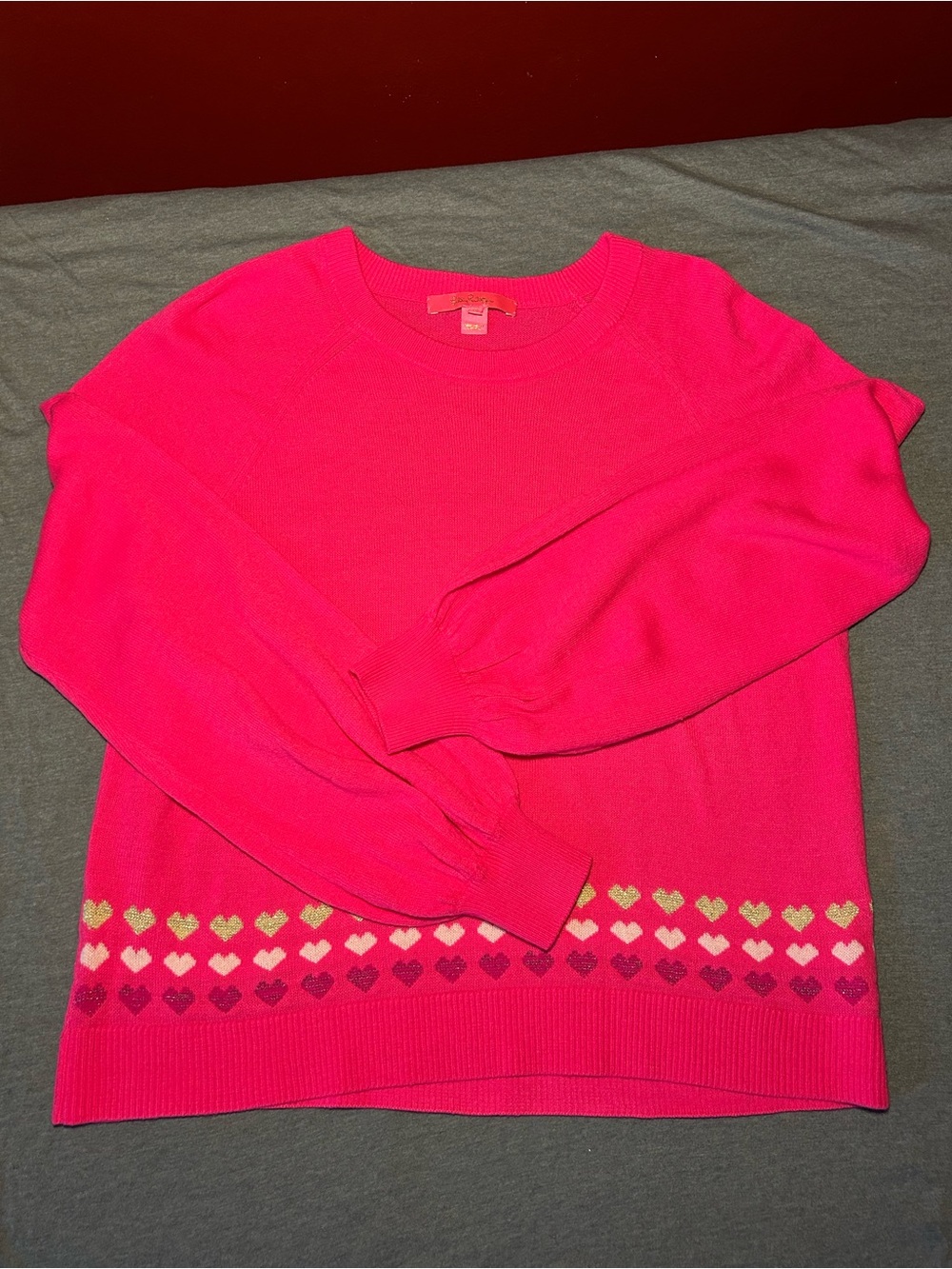 Lilly Pulitzer Neon Pink Cropped Crewneck Sweater with Heart Border